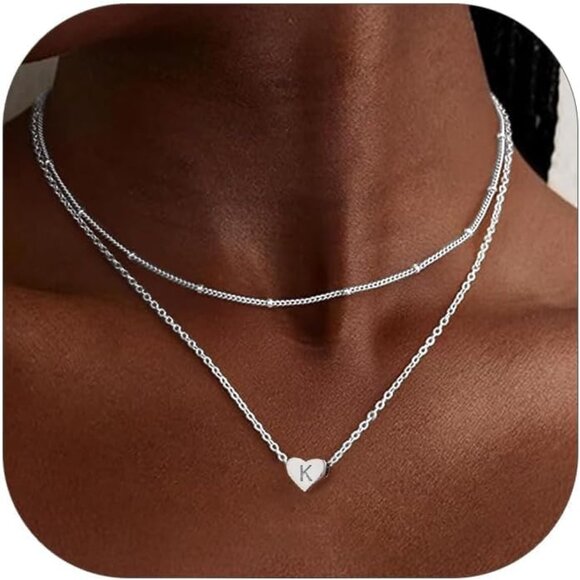 Double-Layered Sterling Silver Heart Necklace with Engraved Initials for Women - Picture 1 of 5